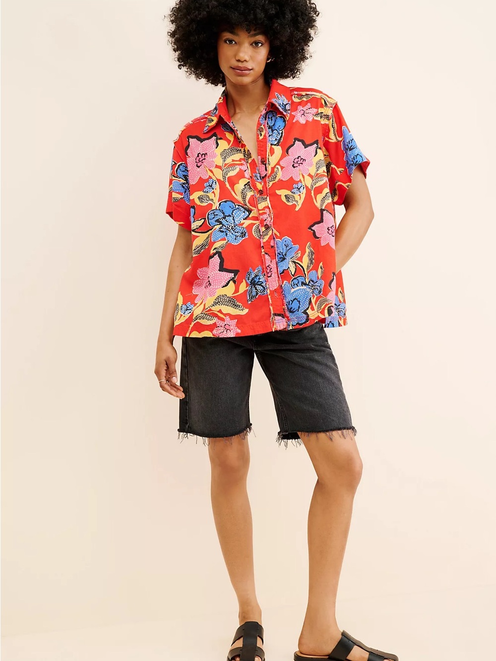 Free People Red Floral Button-Up Short Sleeve Shirt with Blue & Pink Accents
